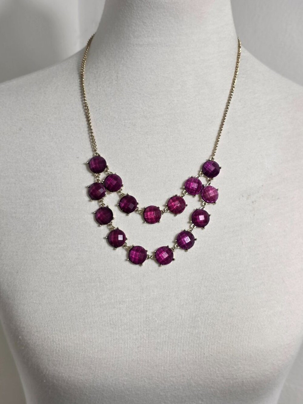 Icing Gold-Tone Double Strand Statement Necklace Faceted Magenta Rhinestones
